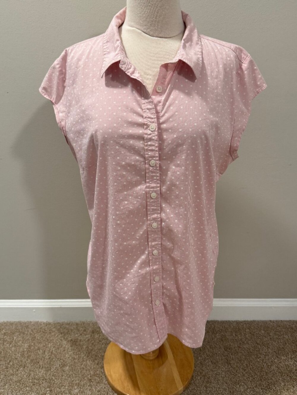 Womens XL Susina Nordstrom Pink Seersucker Stripe & Dot Button Down Shirt Cap Sl